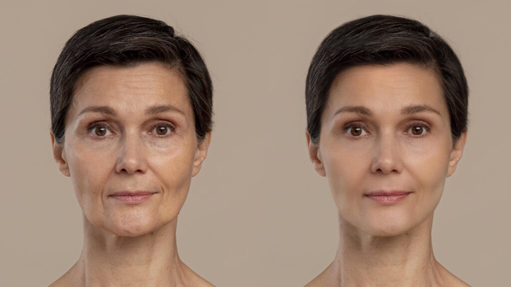 woman with dry skin causing wrinkles and woman with normal skin